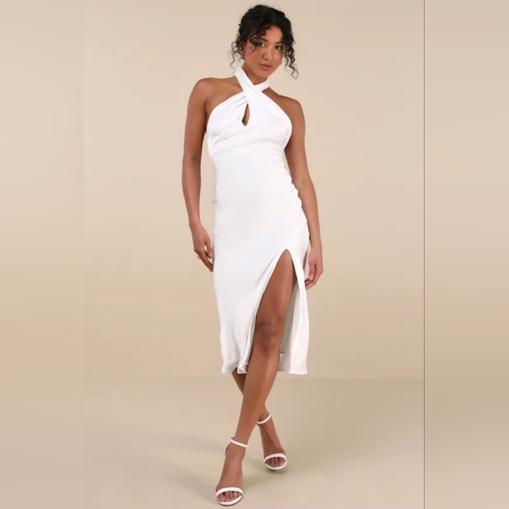 Lulus | Beyond Classy White Satin Halter Midi Dress | Wedding Guest or Bridal